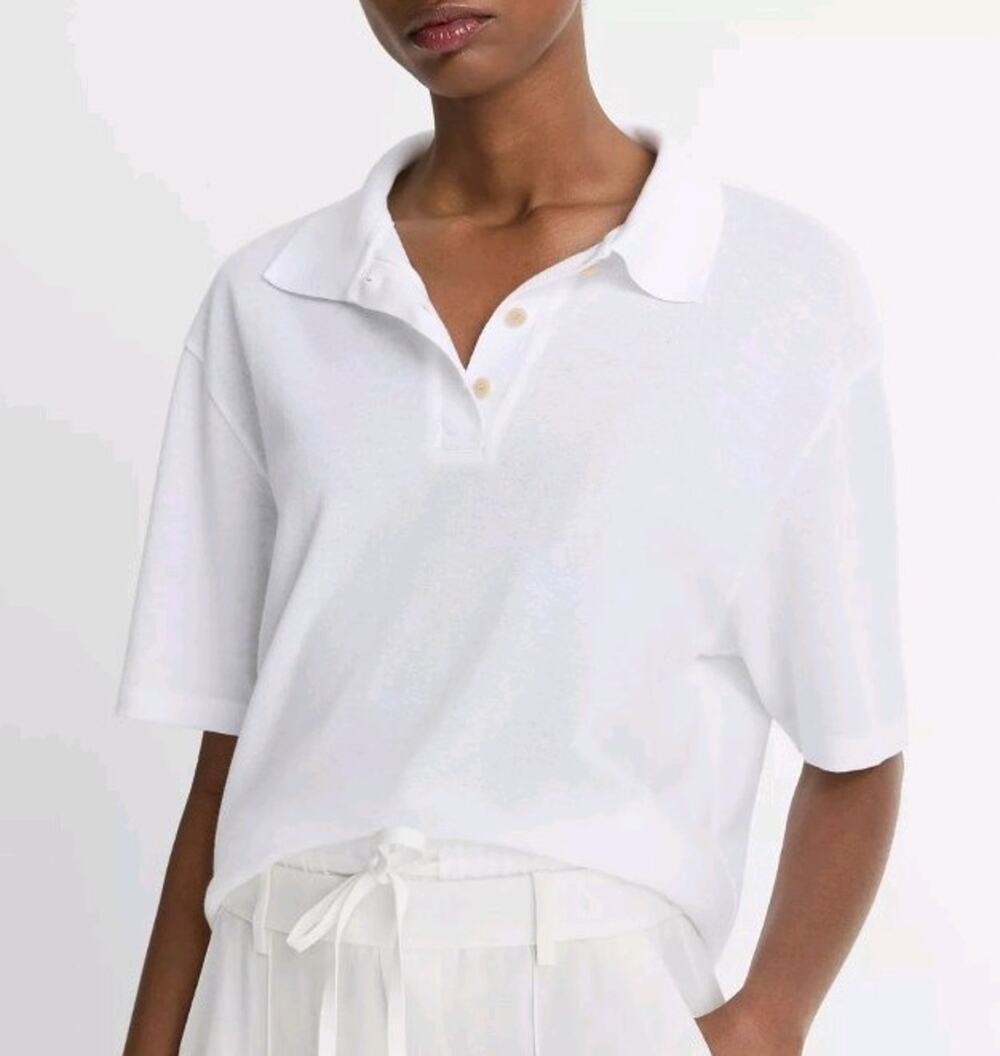 Vince optic white Easy Cotton Polo Shirt cropped 3 button collared